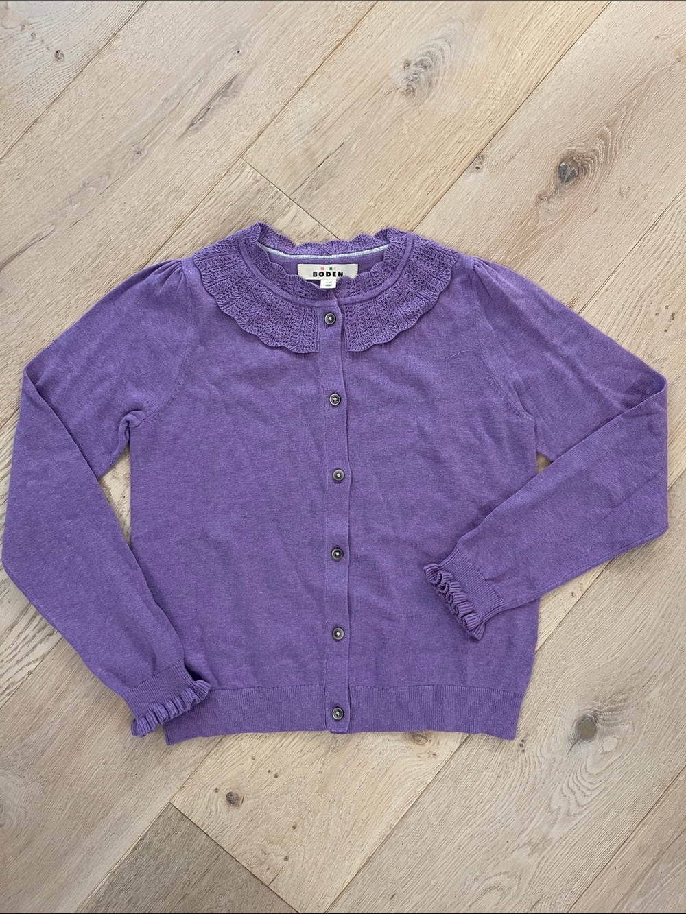 Mini Boden Purple Ruffle Collar Button Cardigan 11-12 years